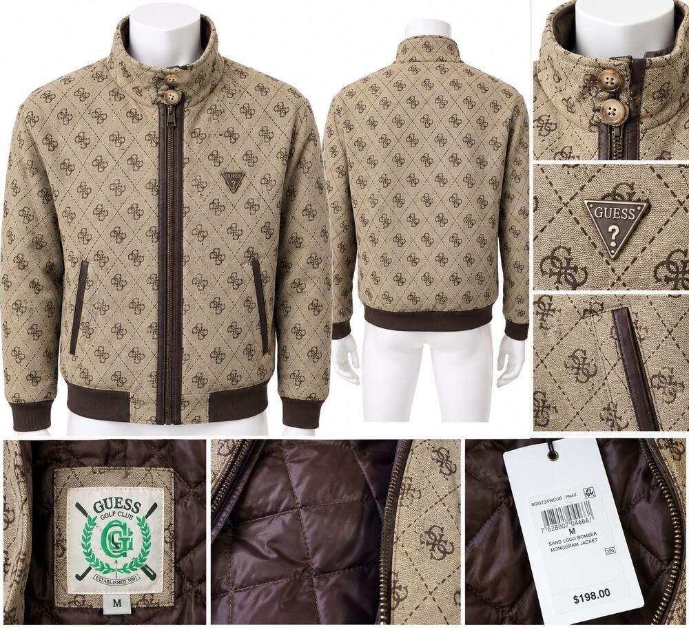 GUESS Golf Club Monogram Bomber Jacket – Size M – Beige/Brown